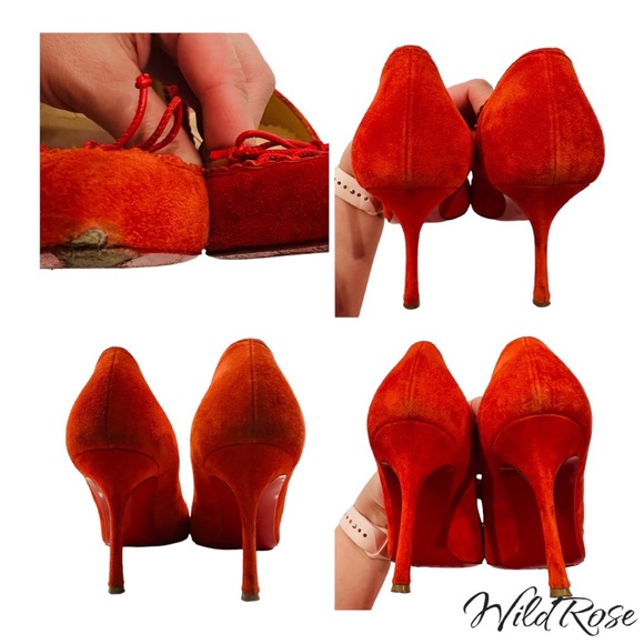 CHRISTIAN LOUBOUTIN “SCALOPUMP” 85 RED SUEDE SCALLOP TRIM LACE UP TIE HEELS 37.5 - Picture 15 of 17